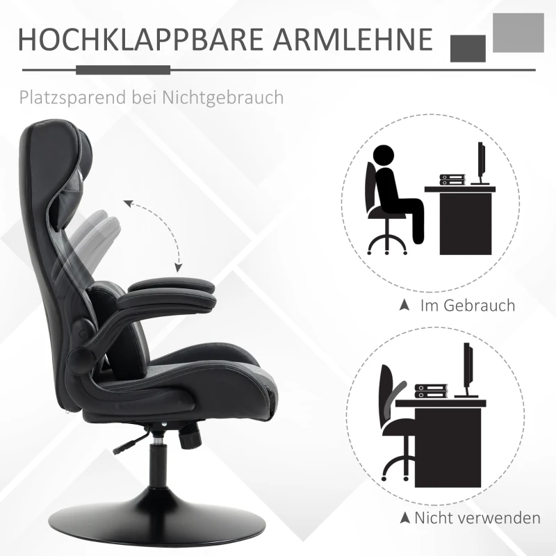 Vinsetto Gamingstoel, hoogteverstelbaar & draaibaar, Kunstlederen bekleding, opklapbare armleuningen, Zwart+Grijs(m-6)