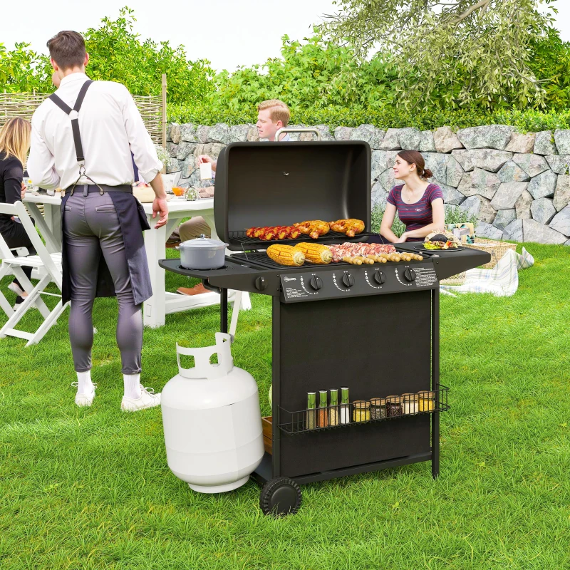 Outsunny Barbacoa de Gas con 4 Quemadores Quemador Lateral Tapa con Termómetro Parrilla y Mesa Lateral Ruedas 121x54x97 cm Negro
