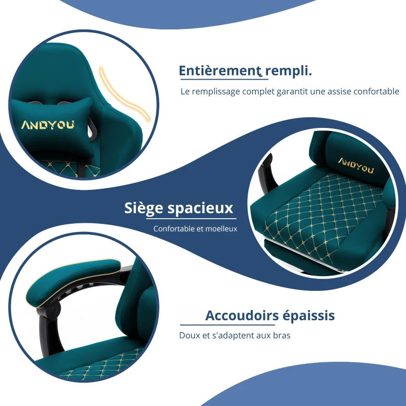 Chaise gaming avec repose-pieds, coussin doux pour la nuque et les lombaires, coussin de soutien amovible, 60x60x122 cm, bleu marine