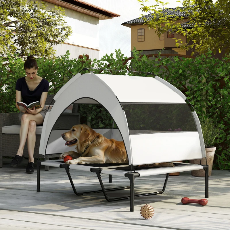 PawHut Lettino per Cani con Copertura a 3 Lati Rimovibile, in Poliestere e Acciaio, 106x76x94 cm, Grigio Chiaro e Nero