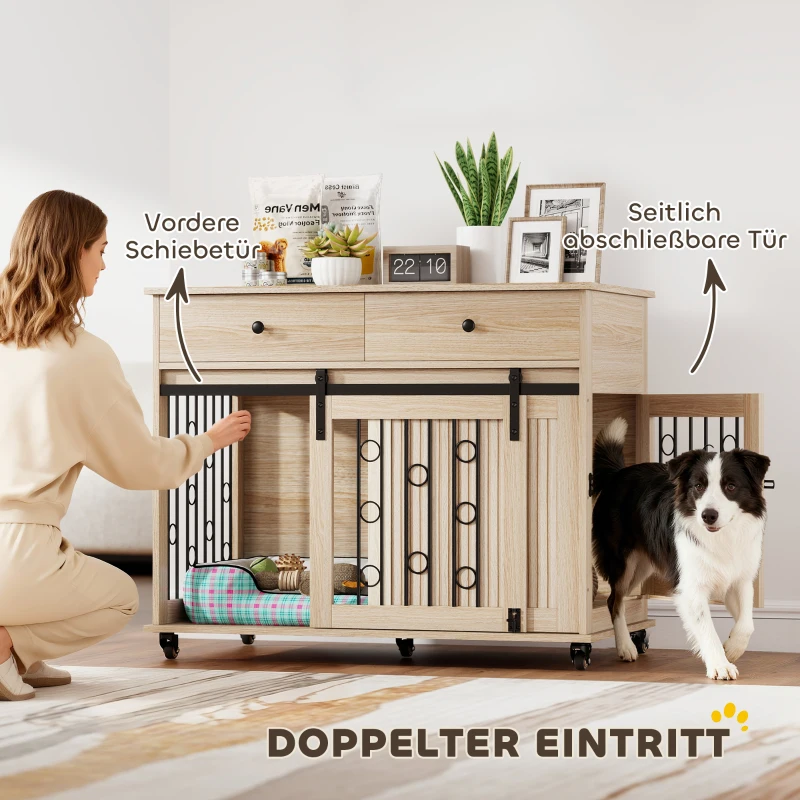 PawHut Hondenbench op wielen, 2 deuren, 2 lades, voor middelgrote en grote honden, hout, staal(m-6)