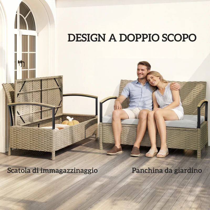 Outsunny Panca Contenitore 125L con Cuscino Imbottito, in Metallo, 123x70x82 cm, Cachi