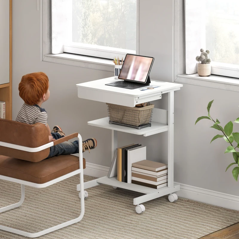 HOMCOM Bureau d'ordinateur sur roues, bureau avec rangement 56 x 51 cm avec tiroir, compartiment et support CPU, blanc