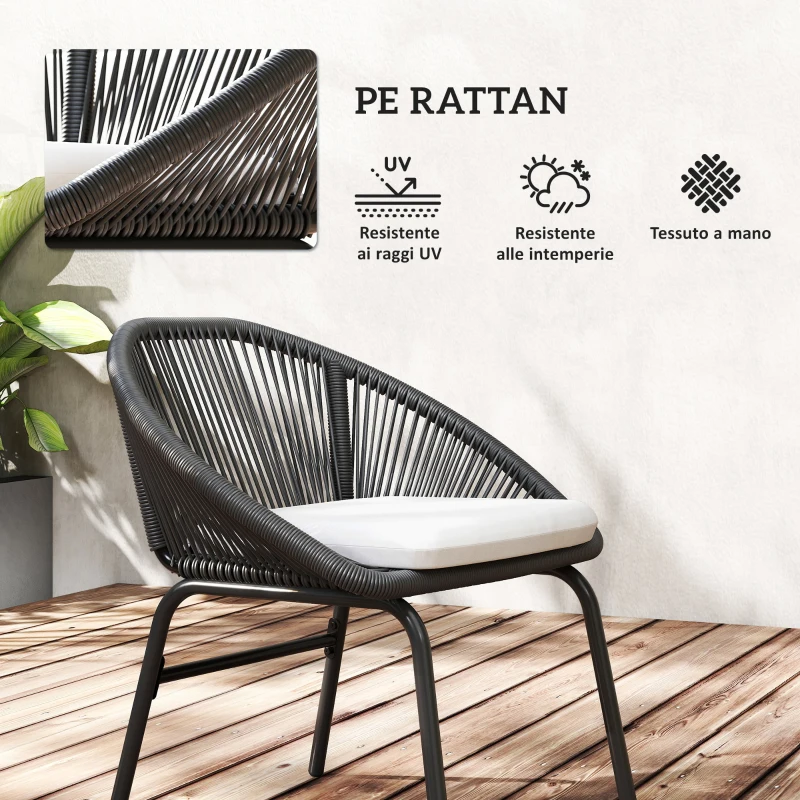 Outsunny Set da Giardino con 2 Sedie con Cuscino e Tavolino da Caffè in Acciaio e Rattan PE, Nero