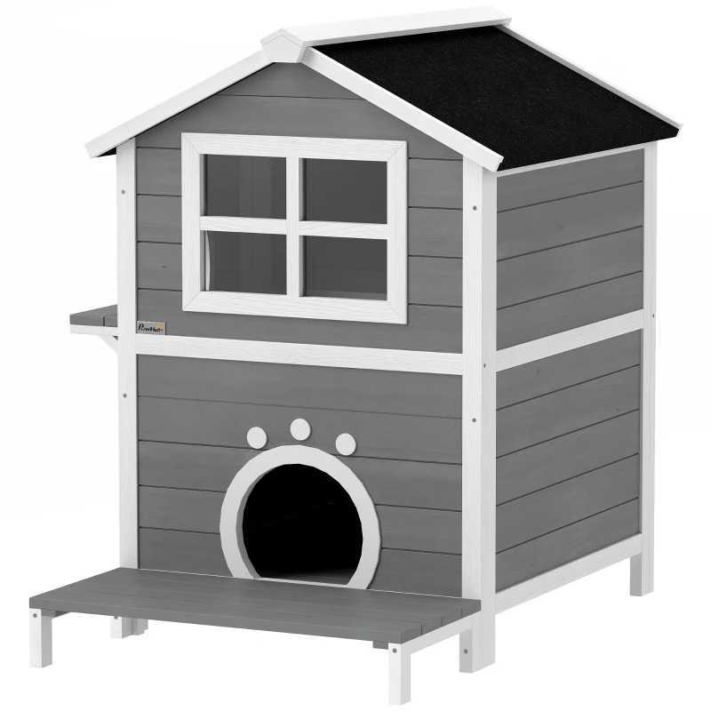 PawHut Buitenkattenhuis met Weerbestendig Dak, Venster, Balkon, Uitneembare Bodem, 2 Niveaus, voor 1-2 Katten, Grijs