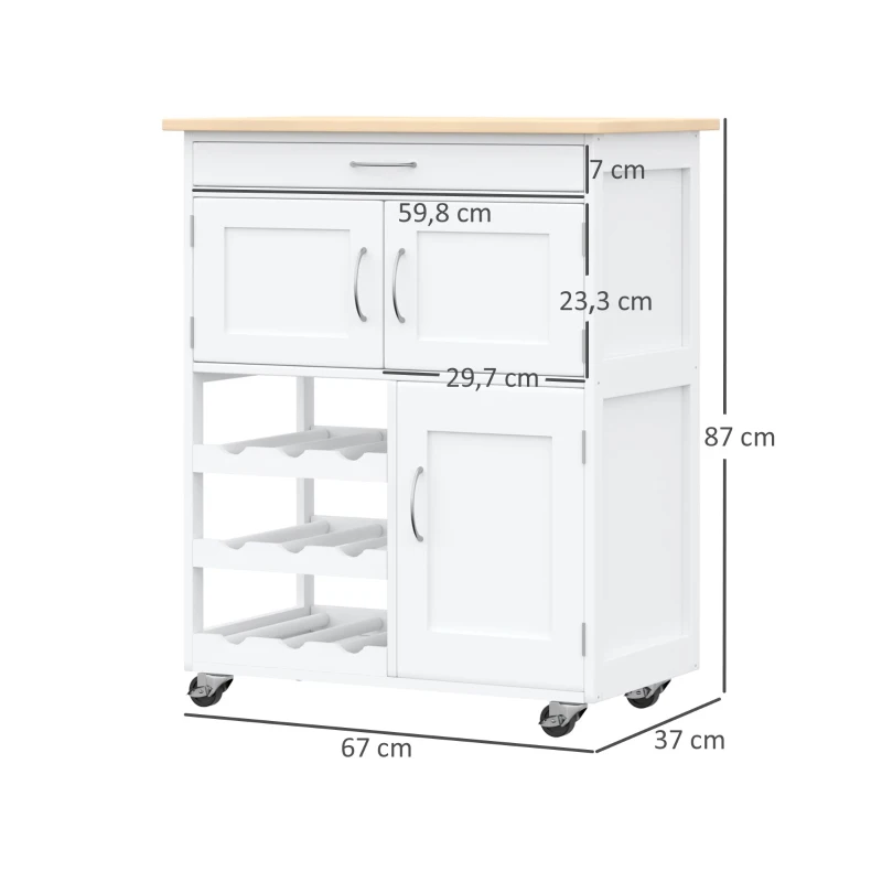 HOMCOM Carro de Servicio con Cajón 2 Armarios de Almacenaje y 3 Estantes Abiertos de 9 Botellas 67x37x87 cm Blanco