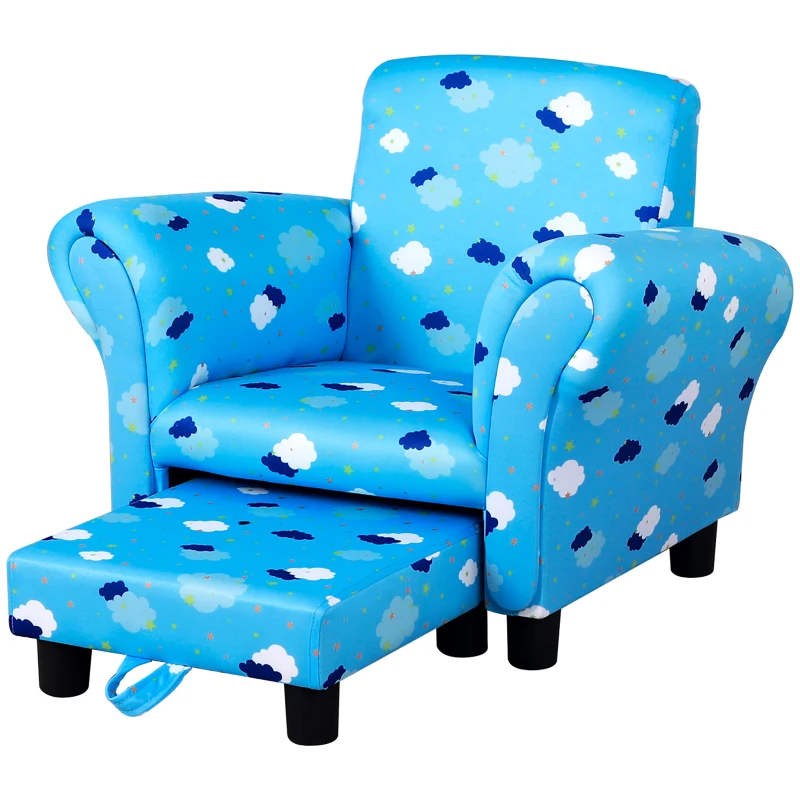 HOMCOM Toddler Chair Children's Armchairs Wood Frame w/ Footrest Anti-Slip Legs High Back Arms for Bedroom Playroom Cute Cloud Star Blue