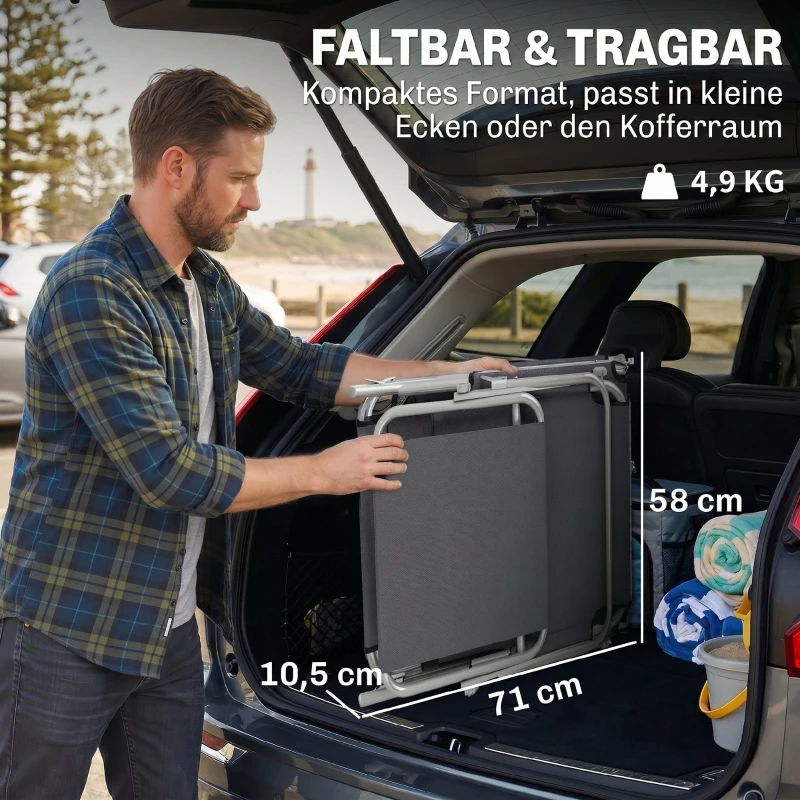 Outsunny Klapbare ligstoel met zonnescherm, verstelbare rugleuning, metalen frame, 187 x 58 x 36 cm, grijs