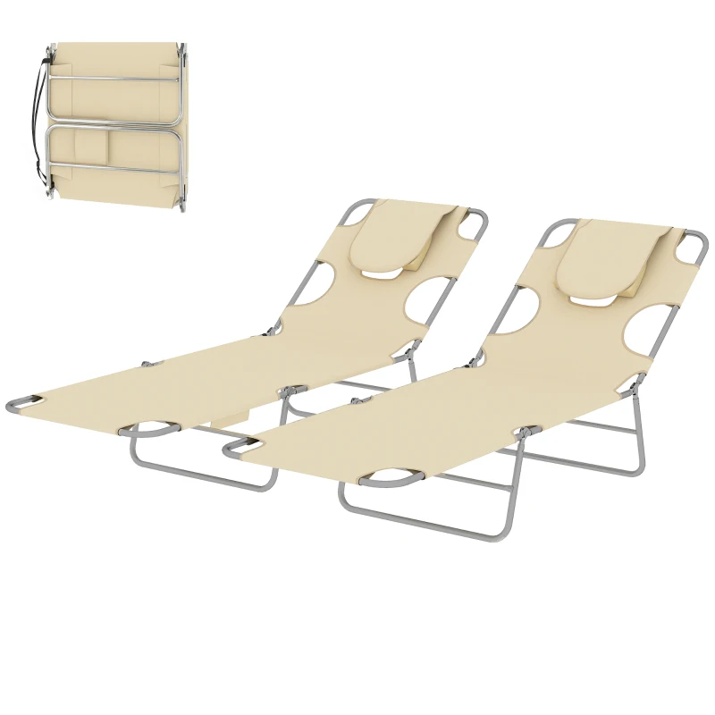 Outsunny 5-Position Adjustable Sun Loungers Set of 2 with Reading Hole and Side Pocket, Beige