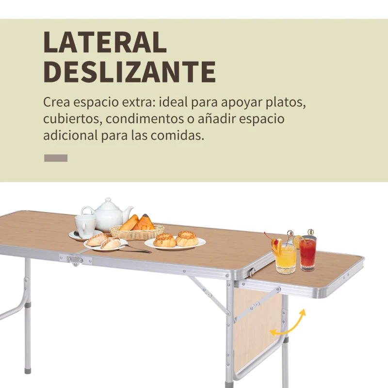 Mesa Plegable de Camping Portátil con Ala Abatible Mesa de Picnic de Encimera MDF Estructura Ligera de Aluminio Carga 30kg Altura Ajustable 153x60x39/71 cm