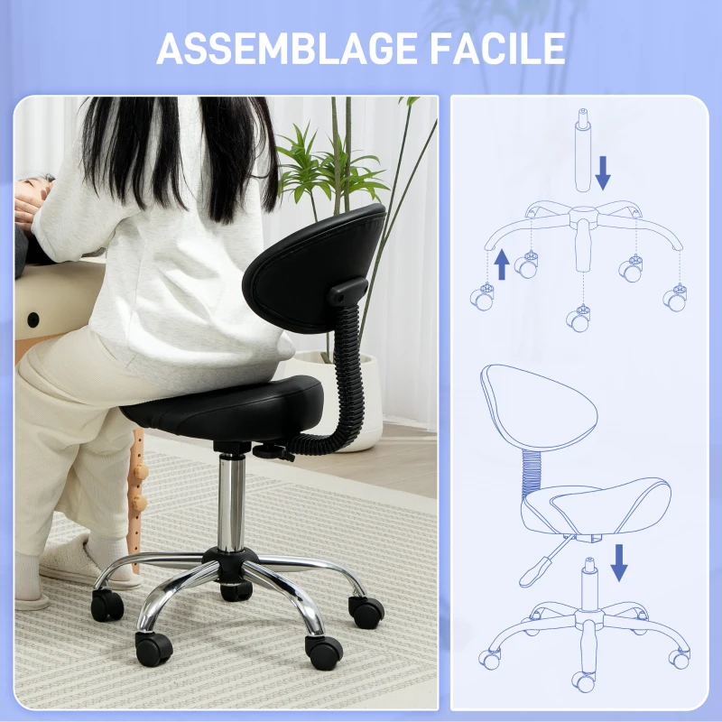 HOMCOM Tabouret à roulettes avec hauteur réglable 51-67 cm et dossier, pour salon de massage, tatouage, clinique, spa, noir