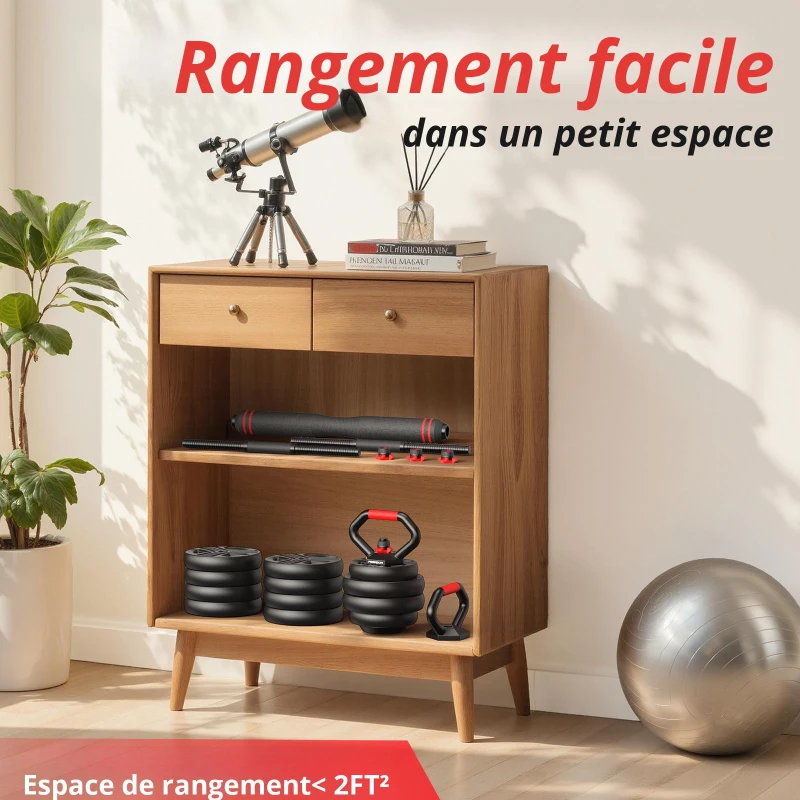 Ensemble d'haltères réglable 5‑en‑1, lot de 2, absorbant les chocs, respectueux du sol, antirouille et sans odeur, 40,5x30,5x16 cm, Noir