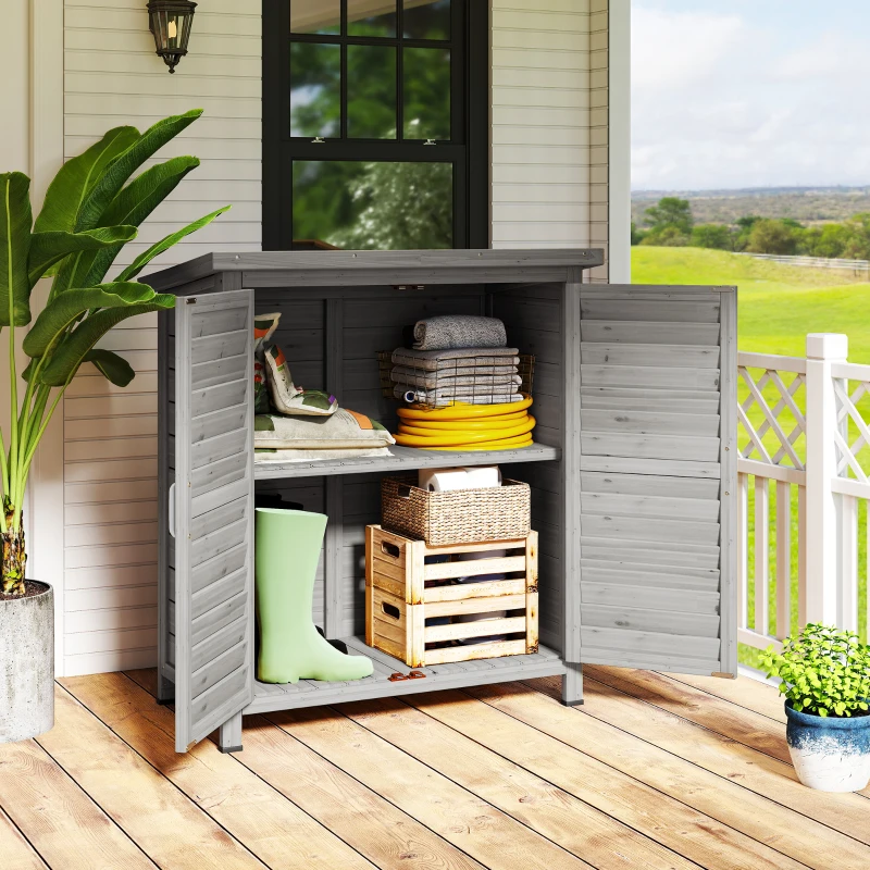 Outsunny Armário de Armazenamento de Madeira para Jardim com 2 Prateleiras Interiores 2 Portas e Teto Inclinado para Exterior Terraço 87x46,5x96,5cm Cinza