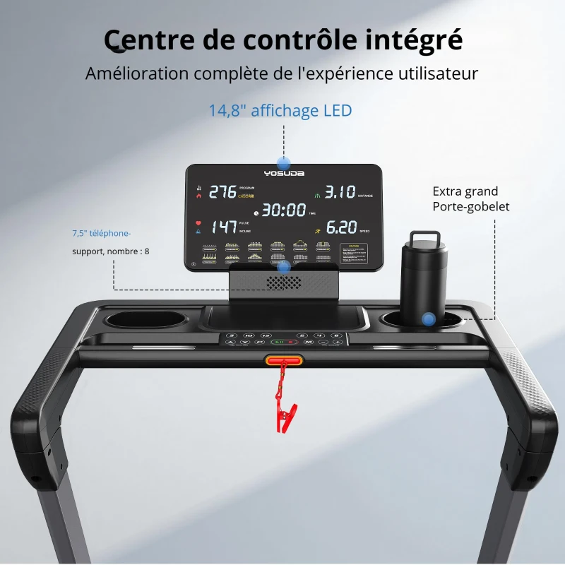 Tapis de course pliable, système de pliage pneumatique à une main, 4 coussins élastiques, 145x89x130 cm, Noir