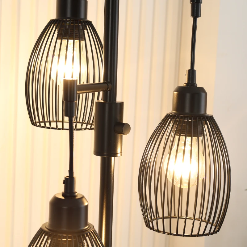 HOMCOM Lampadar Industrial cu 3 Abajururi și Intensitate Reglabilă, din Oțel, 30x30x170,5 cm, Negru