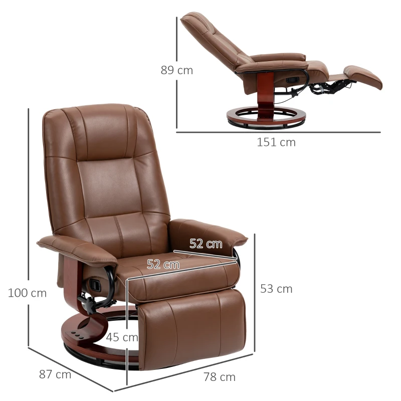 HOMCOM Relaxfauteuil met Voetensteun, 145° Verstelbare Rugleuning, 360° Draaibaar, Kunstleer, Houten Onderstel, tot 120 kg, Bruin(m-3)