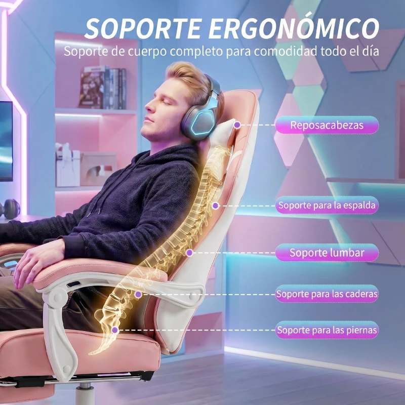 HOMCOM Silla Gamer con Lumbar Masaje Vibración Reclinable 155° Altura Ajustable Reposacabezas y Reposapiés Retráctil Rosa