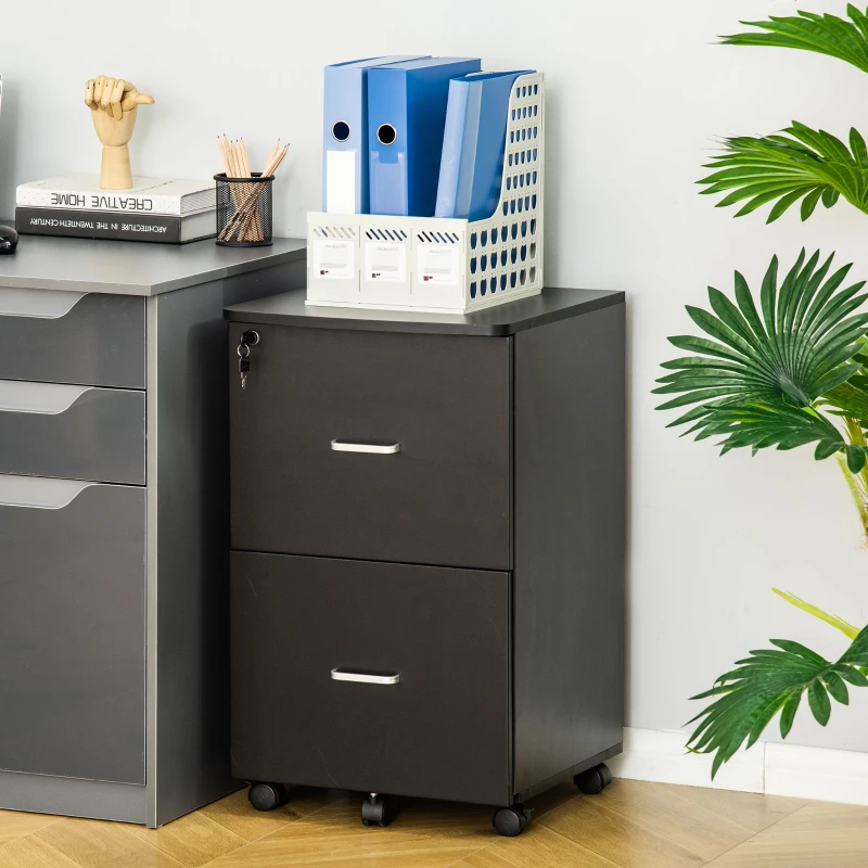 Vinsetto Caisson de bureau rangement sur roulettes dossier meuble armoire de bureau 2 tiroirs verrouillables en MDF panneaux de particules dim. 43L x 45l x 72H cm noir