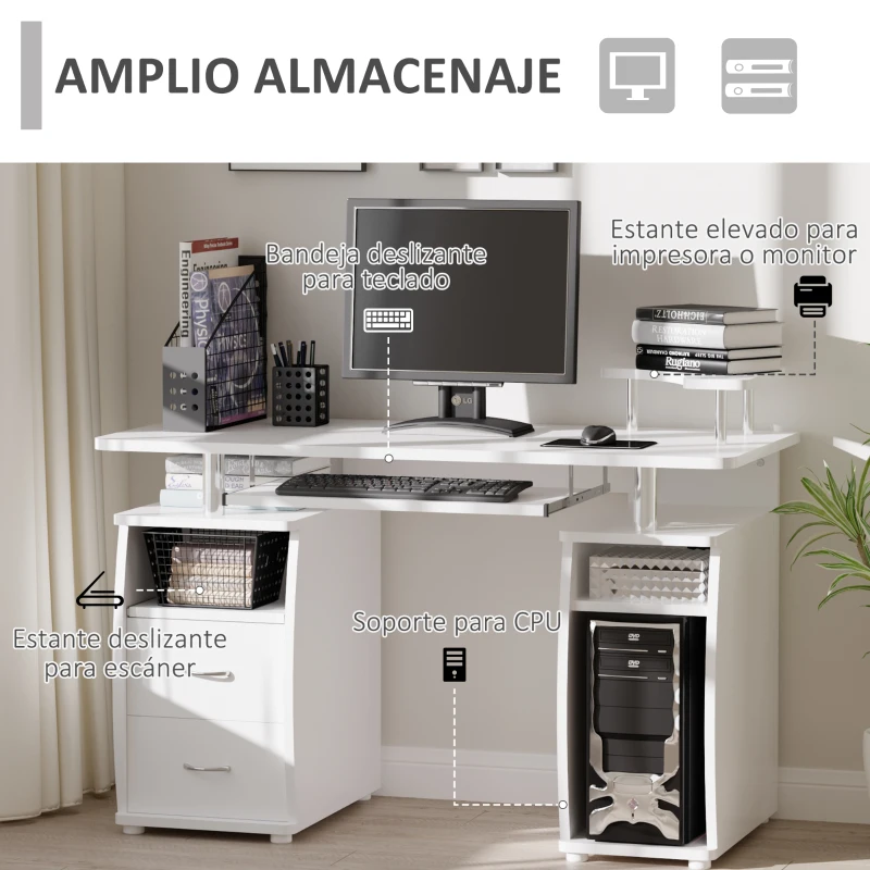 HOMCOM Mesa de Ordenador PC 120 cm Mesa Escritorio de Oficina con Múltiples Estantes 2 Cajones Bandeja de Teclado y Soportes para Monitor CPU 120x55x85 cm Blanco