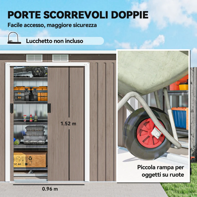 Outsunny Ripostiglio da Giardino in Acciaio con 2 Prese d'Aria e 2 Porte Scorrevoli, 280x130x172 cm, Marrone Legno