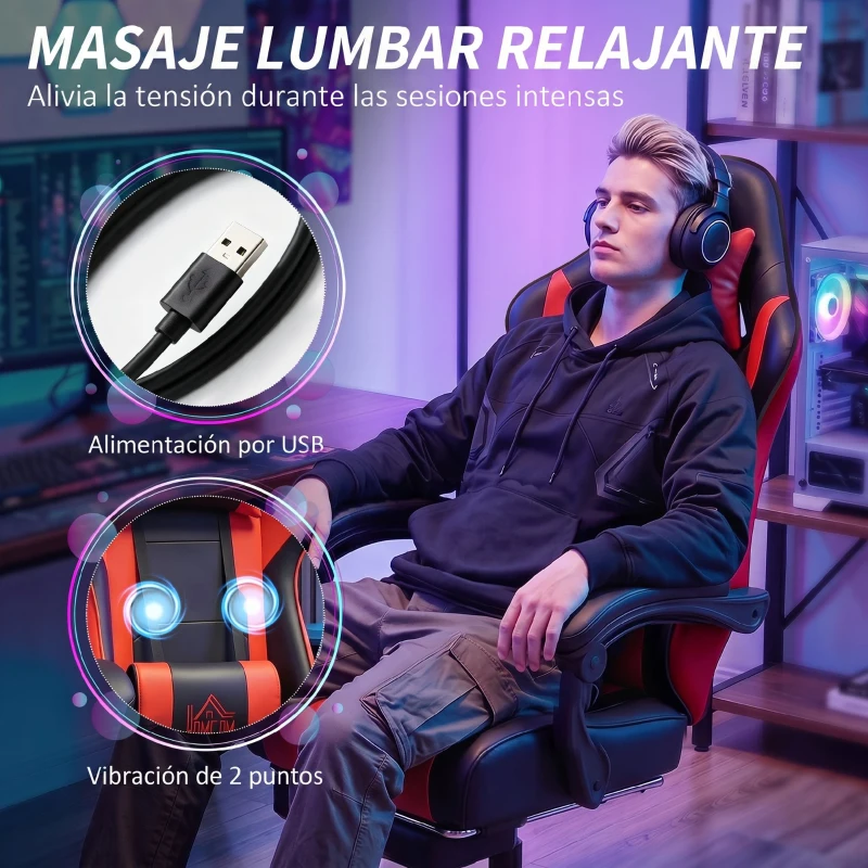 HOMCOM Silla Gamer con Lumbar Masaje Vibración Reclinable 155° Altura Ajustable Reposacabezas y Reposapiés Retráctil Rojo