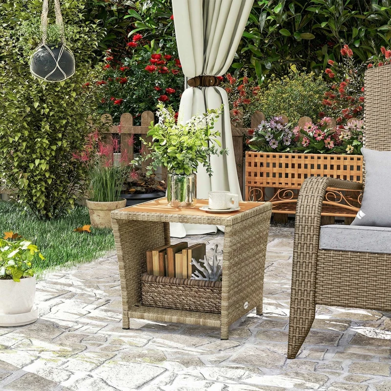 Outsunny Side Table 2-Tier Outdoor Coffee Table with Storage Shelf PS Wood Slat Top/Khaki