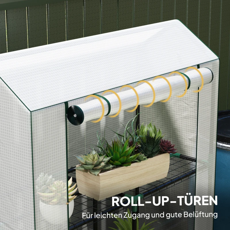 Outsunny Kas met 3-laags Schap, UV-bestendige Plastic Afdekking, Roldeur, 100 x 40 x 150 cm, Wit