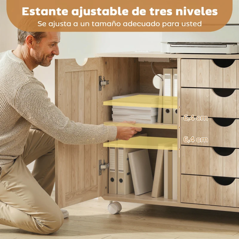 HOMCOM Mueble para Impresora con Estación de Carga y Ruedas 5 Cajones Puertos USB Estante Ajustable Natural