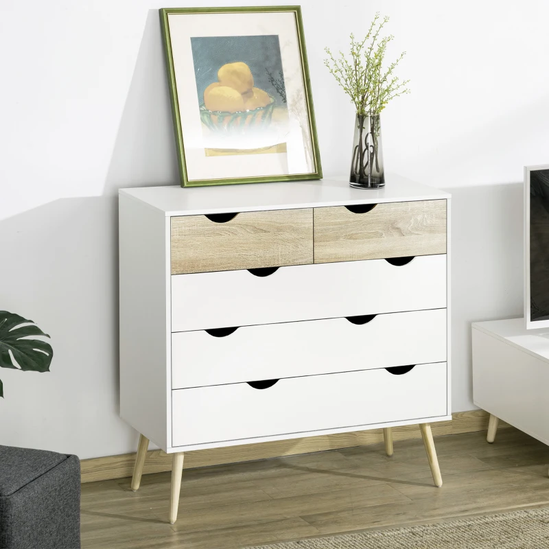 HOMCOM Cómoda para Dormitorio con 5 Cajones Patas Elevadas de Madera para Salón Oficina 99x39x101 cm Blanco y Roble