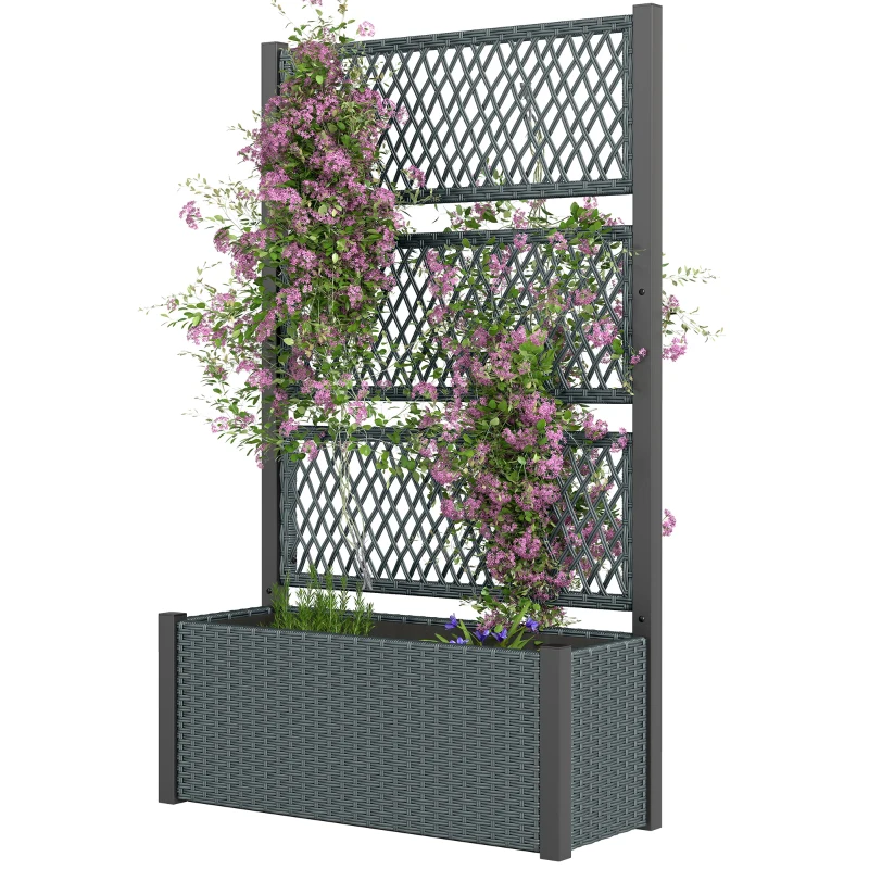 Outsunny Hoogbed met klimrek in rattan-look plantenbak bloembak met klimsteun 90 x 35 x 148 cm Donkergrijs