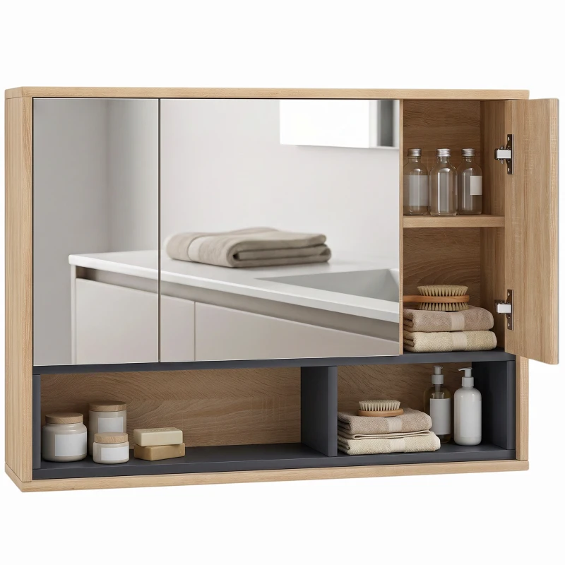 HOMCOM Mobilier de baie cu oglindă, dulap suspendat cu 3 uși și 8 compartimente, stejar