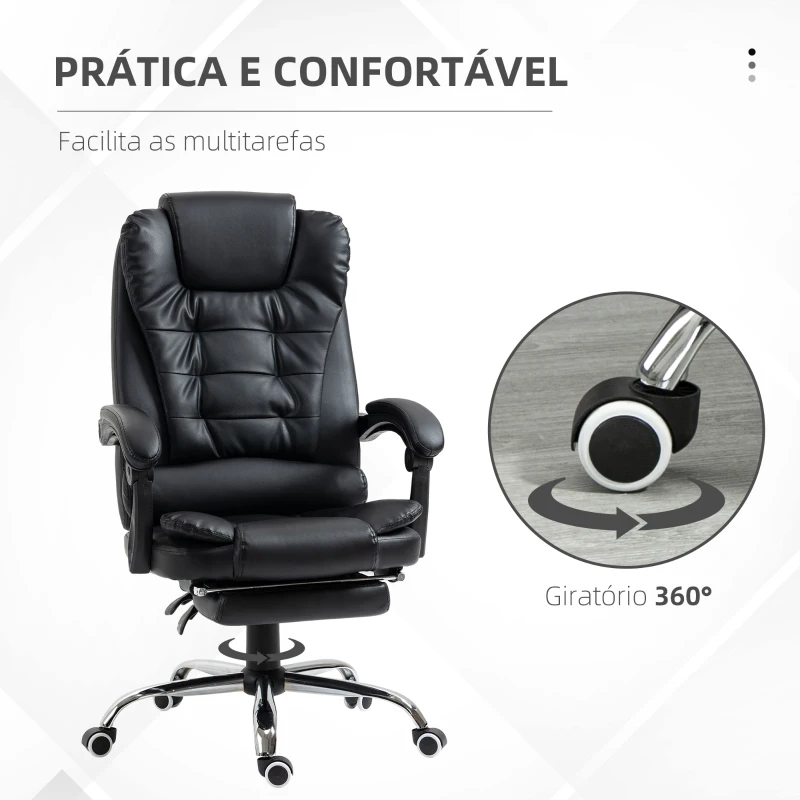 HOMCOM Cadeira de Escritório Reclinável Cadeira Executiva Giratória com Altura Ajustável Estofada em PU 64,5x69x109-117 cm Preto