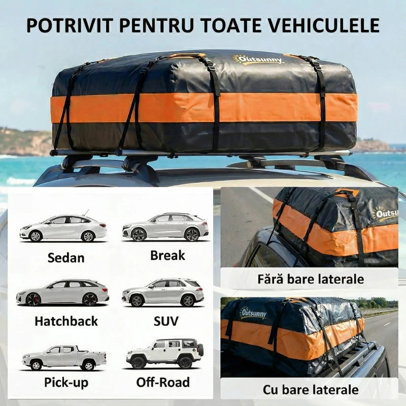 Outsunny Portbagaj de Plafon Impermeabil cu Curele, 425 Litri, Portocaliu și Negru