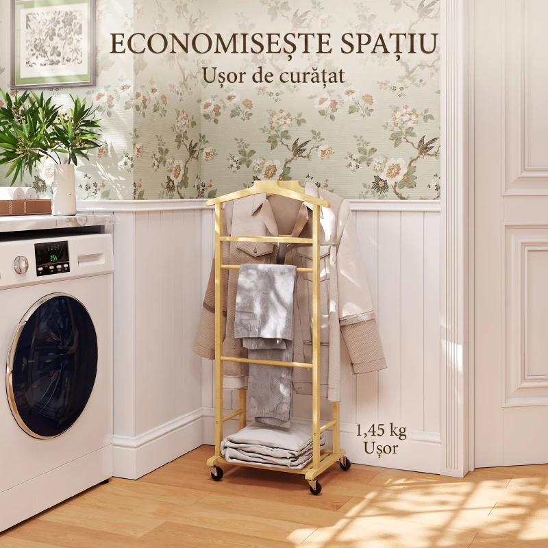 HOMCOM Servomut 4 în 1 pe roți, cu 2 bare, tavă pentru chei și raft pentru pantofi, din bambus, 47x33,7x105,5 cm