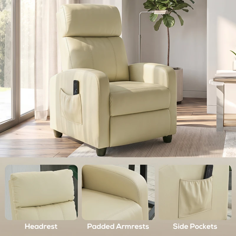 HOMCOM Recliner Armchair, Massage Faux Leather Push Back Reclining Chair with Adjustable Leg Rest, Side Pocket, Cream White
