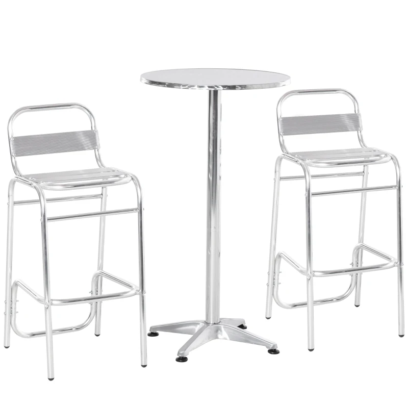 Outsunny Set Tavolino Alto con 2 Sgabelli da Bar, Arredamento da Giardino in Alluminio e Acciaio Colore Argento
