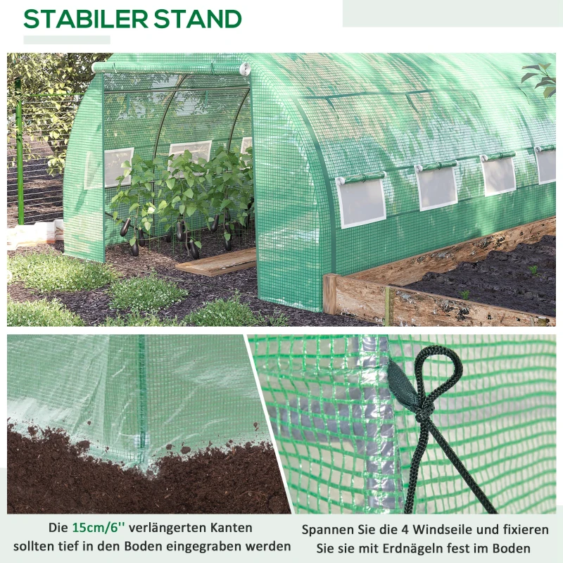 Outsunny Bezoekbare Foliekas, Tuinkas, met Netramen, Metalen Frame, 4x3x2m, Groen