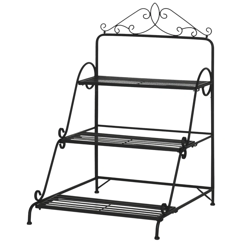 Outsunny 3-laags decoratieve plantenstandaard metaal zwart 60,5 x 59,5 x 95,5 cm