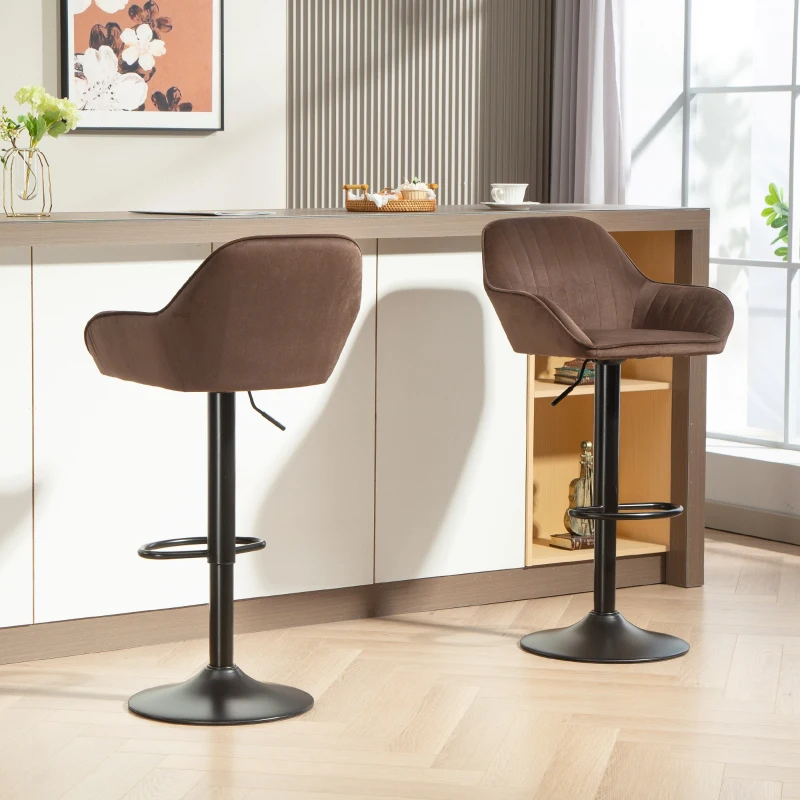 HOMCOM Juego de 2 Taburetes de Bar Giratorios Altura Ajustable 62-83 cm Tapizada en Terciopelo Respaldo y Reposapiés Marrón