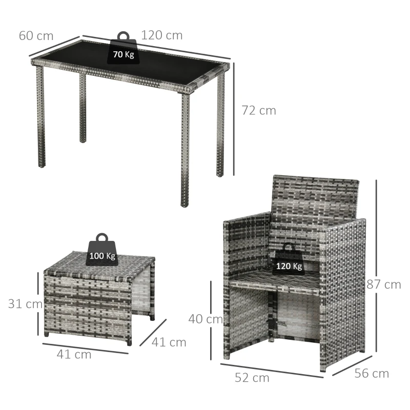 Outsunny Set 11 Pz Tavolo da Giardino con Sedie, Pouf e Cuscini, in Rattan PE, Grigio