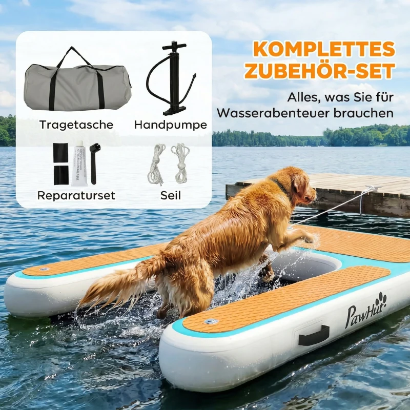PawHut Opblaasbare Hondenwaterramp Hondenhelling Zwembad 151x102 cm Draagbaar Hondenplatform met Antislip EVA Oppervlak Oranje