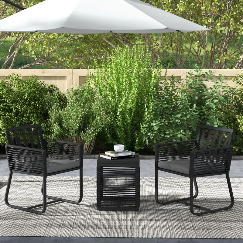 Outsunny Set de Mobilier de Grădină din 3 Piese din Ratan, Set cu Masă din Sticlă Securizată și Perne Moi, 53x57x77 cm, Negru