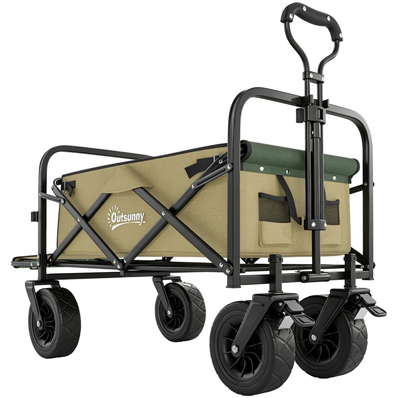 Outsunny Cărucior de grădină 110L cu mâner telescopic și bază rabatabilă din oțel și material textil Oxford, culoare kaki