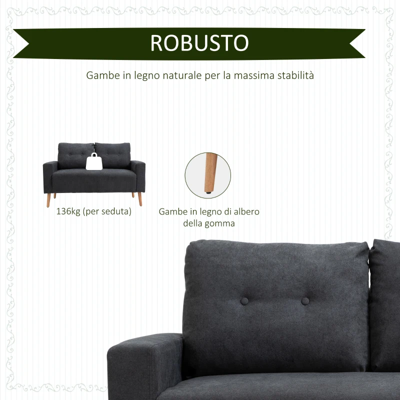 HOMCOM Divano 2 Posti Moderno in Stile Nordico con Schienale Trapuntato in Tessuto, 145x76x88 cm, Grigio