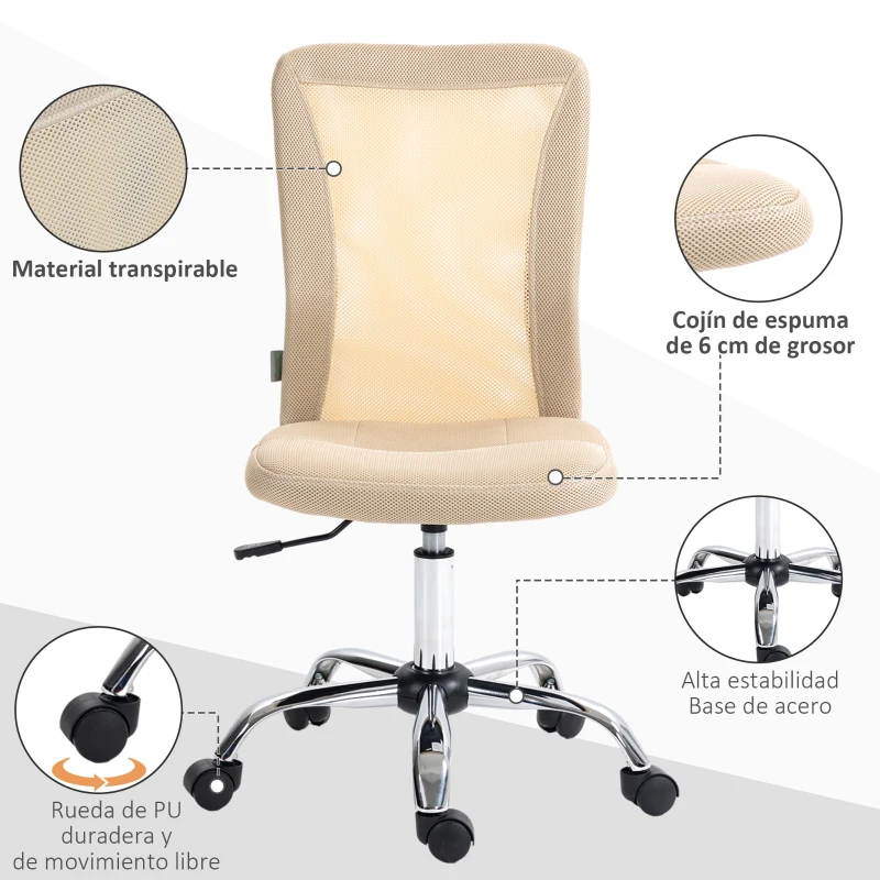 Vinsetto Silla de Escritorio Giratoria sin Brazos Silla de Malla con Altura Ajustable Carga 100 kg 43x58x90-100 cm Beige