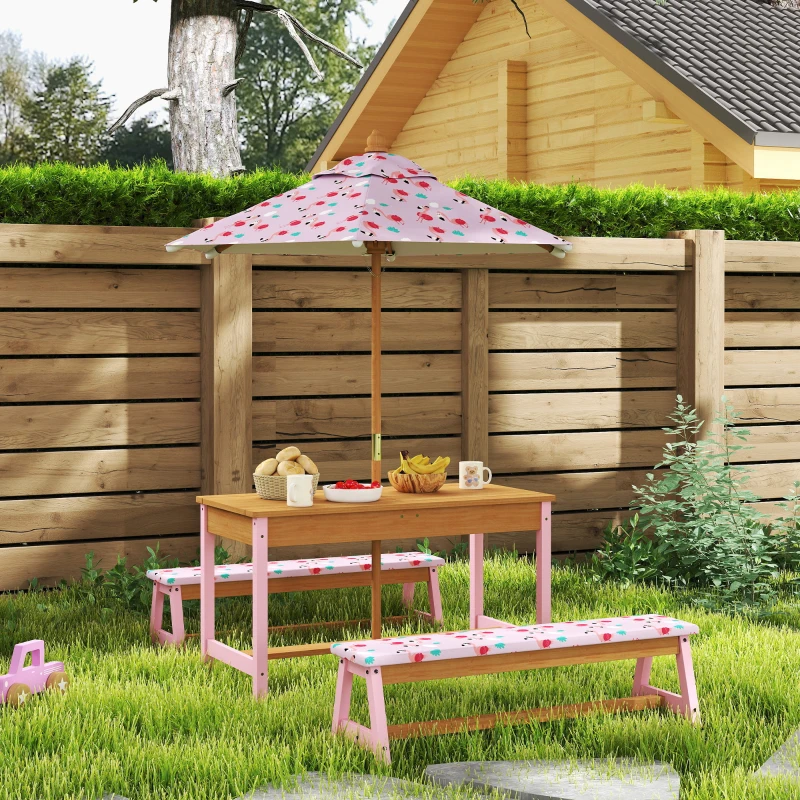 AIYAPLAY Kids Picnic Table Set with Removable & Foldable Umbrella, Storage Boxes, Flamingo Theme, Pink