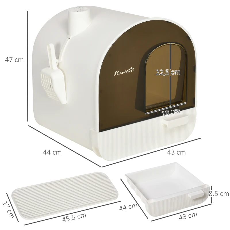 PawHut kattentoilet met filter, 1 vervangend filter, 1 vloermat, 43 cm x 44 cm x 47 cm, zwart+wit