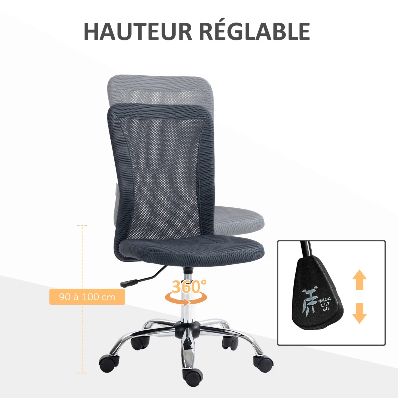 Vinsetto Chaise de bureau ergonomique hauteur réglable piètement chromé pivotant 360° revêtement maille gris foncé