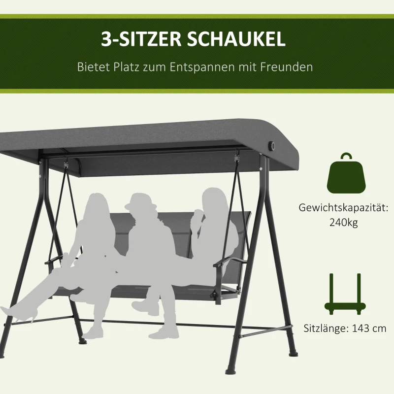 Outsunny Hollywood-schommel, voor 3 personen, verstelbaar zonnedak, tot 240 kg, donkergrijs, 200 x 133 x 176 cm
