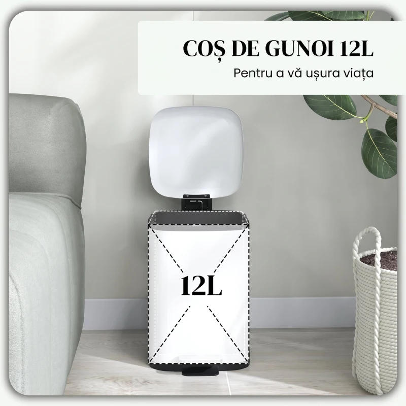 HOMCOM Coș de gunoi de 12L cu pedală și închidere silențioasă, din metal și PP, 24.5x32x34.5 cm, alb(m-4)